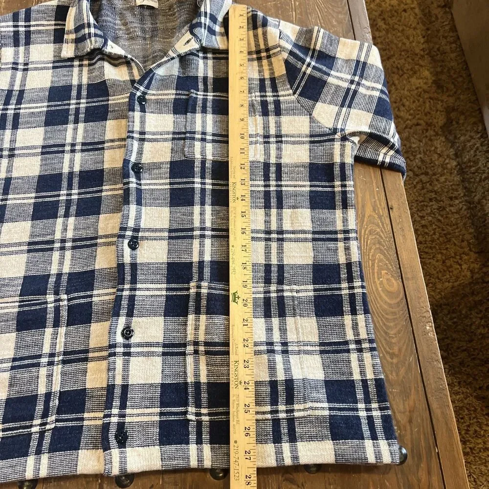 J. CREW Men's Large Cotton Knit Chore Jacket Sweater Navy Cream Plaid EUC